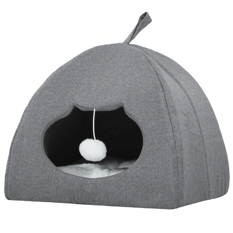PawHut Cat Cave Bed for Indoor Kittens, Cat House with Removable Cushion and Teaser Ball, Kitty Igloo with Anti-Slip Base, 42 x 42 x 39 cm, Grey