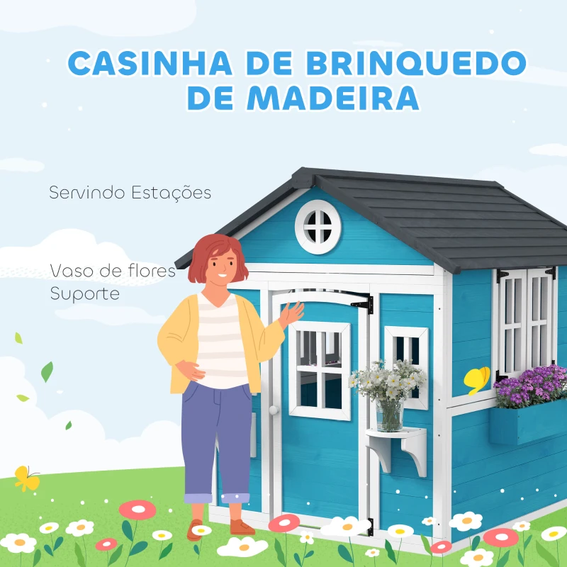 Outsunny Casinha de Madeira Infantil com Porta Janelas Floreiros e Prateleiras com Detalhes Coloridos 114x126,4x135 cm Azul