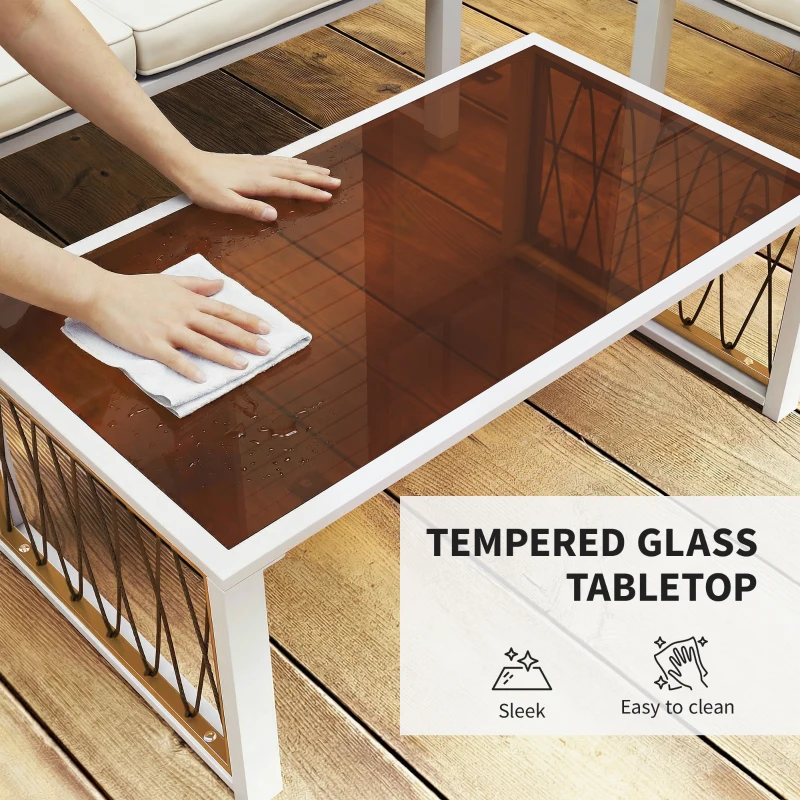 Outsunny Ensemble de jardin 4 pièces en polyrattan, salon avec canapé 2 places, 2 fauteuils, table en verre, coussins amovibles, tapis antidérapant