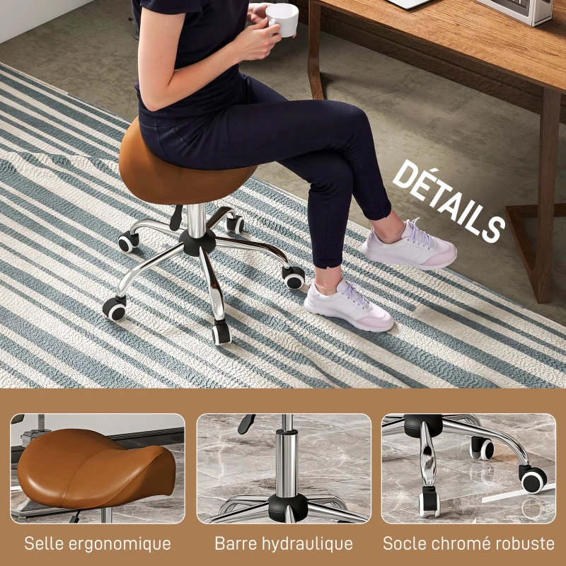 HOMCOM Tabouret à roulettes, chaise de travail avec hauteur réglable 49-61 cm et selle ergonomique, 52x53x49-61cm, marron