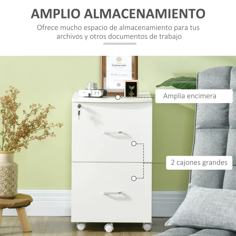 Vinsetto Cajonera de Oficina Mueble Auxiliar con 2 Cajones Cierre con Llave para Estudio Despacho 43x45x72 cm Blanco