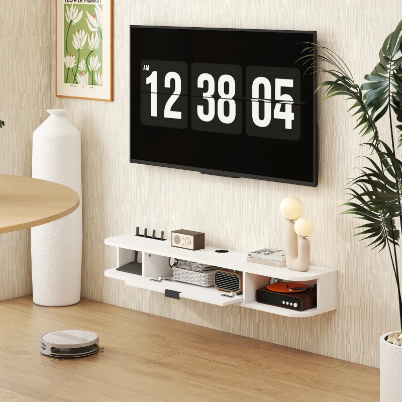 HOMCOM Mueble TV Suspendido 120 cm Mueble para Televisor Hasta 127 cm Cajón Abatible 2 Estantes 120x24x16 cm Blanco
