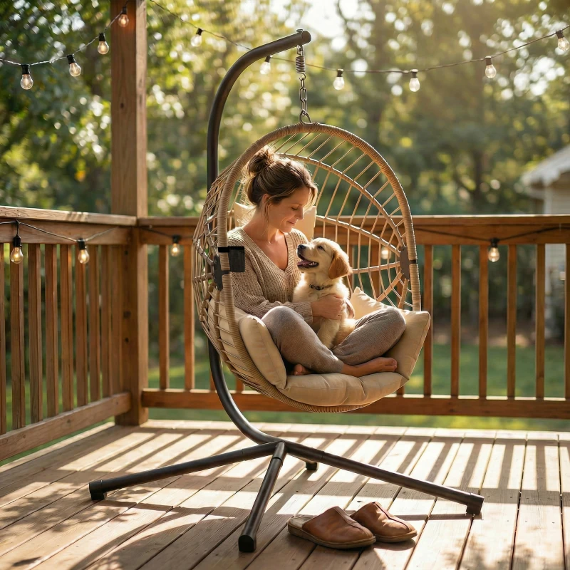 Outsunny Hänge-Ei-Sessel, Schaukel-Hängestuhl Innen und Außen, Klappbarer Korb, Gepolstertes Kissen, Kaki