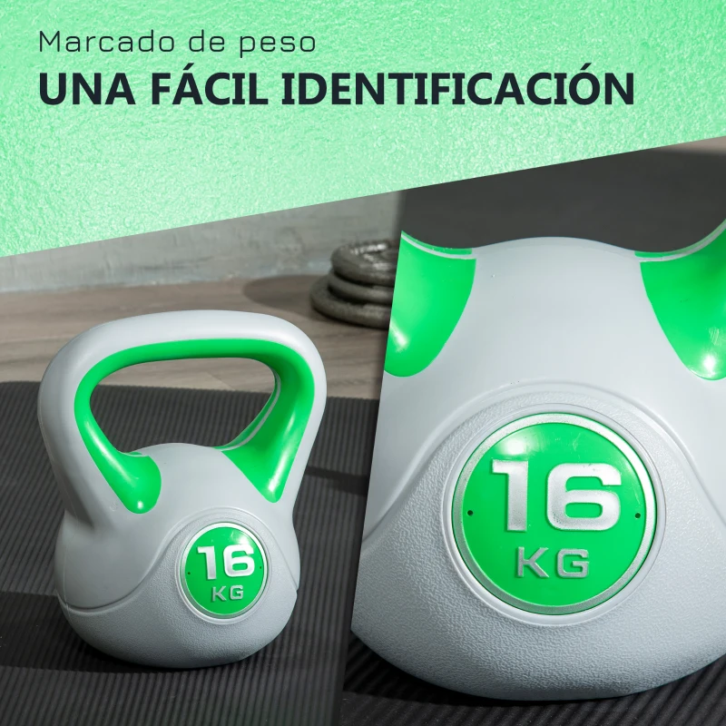 SPORTNOW Pesa Rusa 16 kg Kettlebell Revestimiento de PU y Relleno de Arena para Entrenamiento de Fuerza 27x17x31 cm Verde y Gris