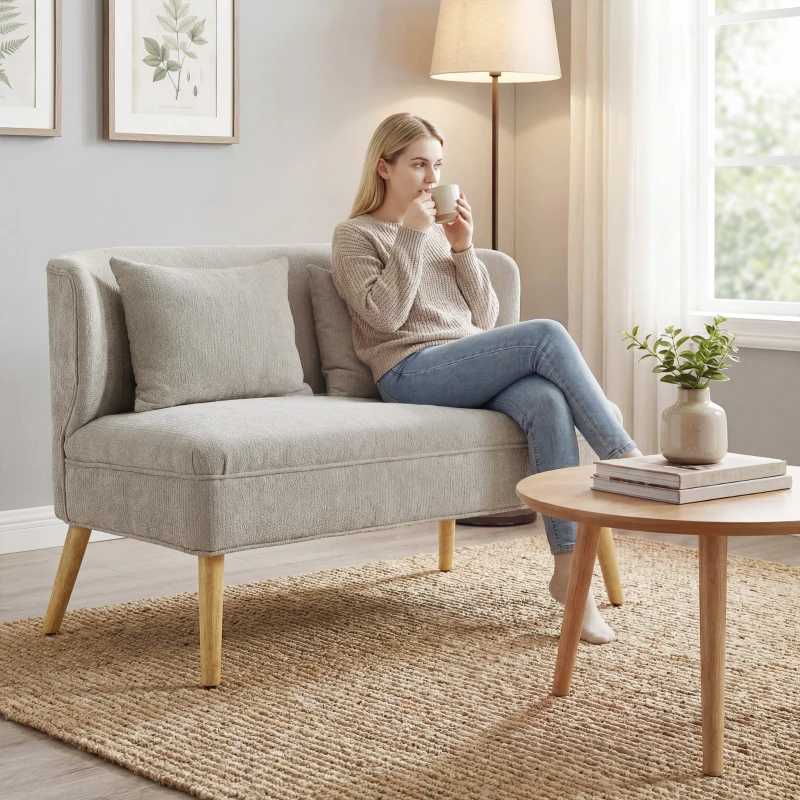 HOMCOM Divano 2 posti in chenille con schienale a ali e piedi in legno, Beige