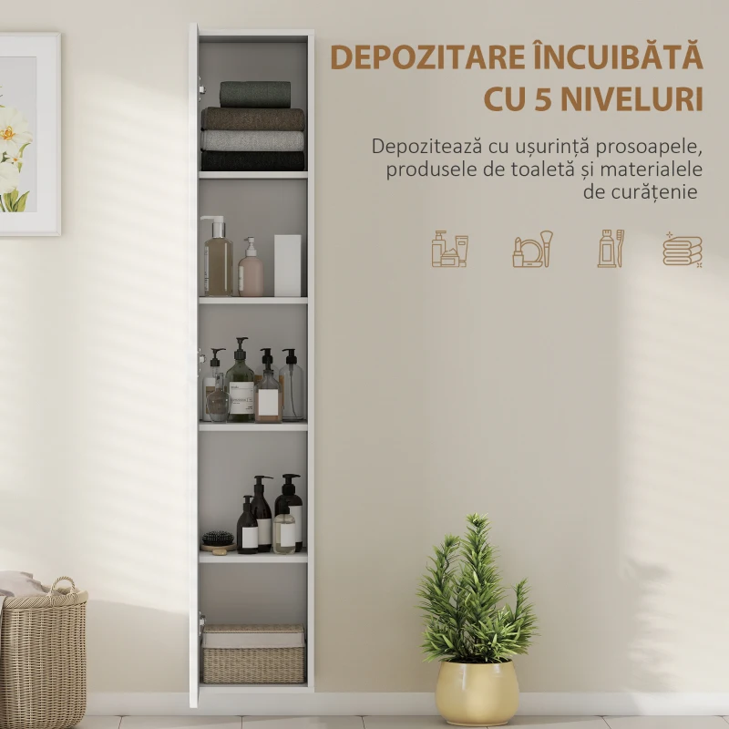 HOMCOM Dulap de Baie Suspendat Coloană cu Rafturi Reglabile și Închidere Soft Close, 30x31.5x160 cm, Alb