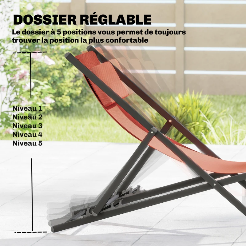 Outsunny Lot de 2 bain de soleil, chaise longue pliante avec appuie-tête en textilène inclinable 60 x 100 x 85 cm, rouge brique