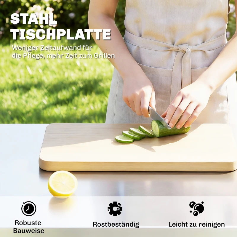 Outsunny Grillwagen 3-laags serveerwagen met verstelbaar werkblad, planken, haken en wielen 77 x 51 x 80 cm Zwart