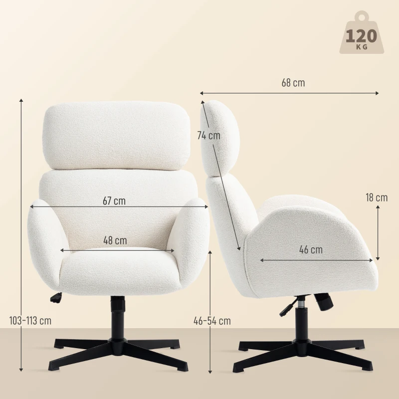 HOMCOM Silla de oficina con tapizado de tela de aspecto terciopelo, silla acolchada con base de acero, silla de escritorio regulable en altura, blanco crema