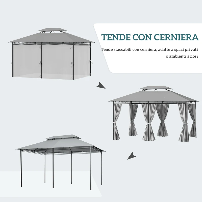 Outsunny Gazebo 4x3 m con 6 Tende e Tetto a 2 Livelli, in Acciaio e Poliestere, Grigio Scuro