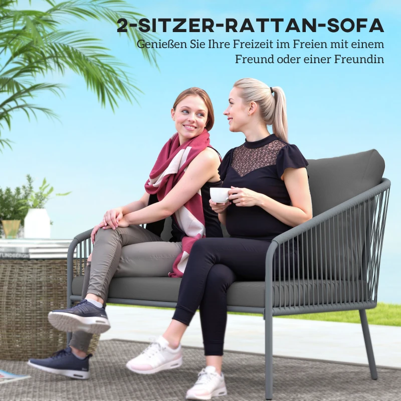 Outsunny Gartensofa mit Kissen 2-Sitzer Rattan Sofa Lounge Sofa Outdoor Balkon Sofa 112 x 72 x 76 cm Grau(m-4)