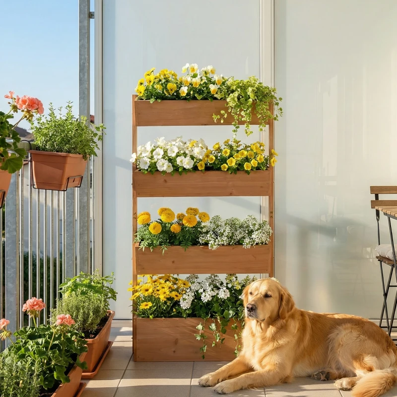 Outsunny Jardinieră din lemn cu 4 niveluri Jardinieră ridicată exterioară cu orificii de drenaj și material nețesut Maro