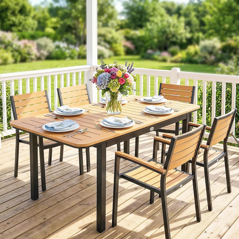 Outsunny Gartentisch für 6 Personen, 127 x 70 cm, Gartentisch mit Lattenplatte aus Holz-Kunststoff, Metallgestell