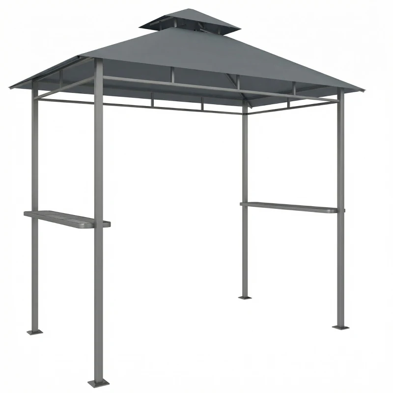 Outsunny Pavillon de barbecue 2,4 x 1,4 m, abri de barbecue résistant au vent avec double toit et ventilation, étagères latérales