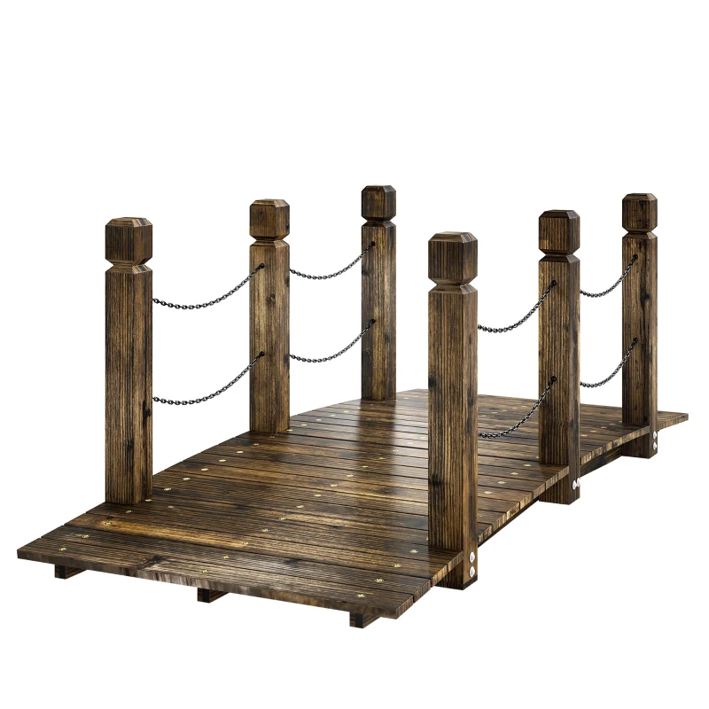 Outsunny Pod de Grădină din Lemn 1,51 m Pod Decorativ pentru Iaz Rustic cu Balustrade de Siguranță Carbonizat