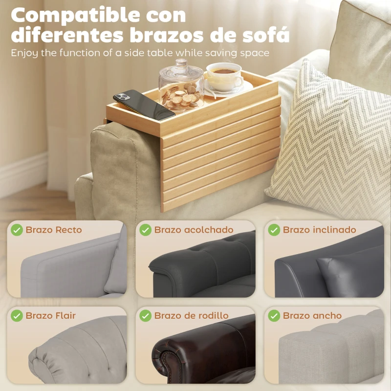 HOMCOM Bandeja de Brazo para Sofá de Bambú Plegable y Flexible con Base Antideslizante para Aperitivos Teléfonos y Bebidas