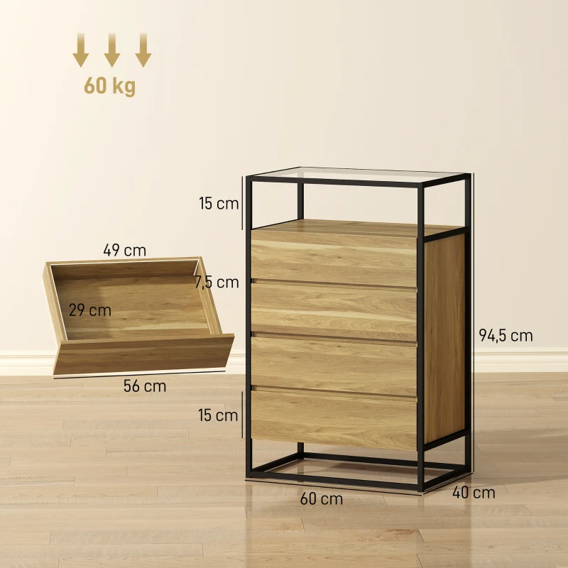 HOMCOM Schlafzimmerkommode mit 4 Schubladen, Oberfläche aus gehärtetem Glas, offenes Fach, Stahlkonstruktion, 60x40x94,5 cm, Teak