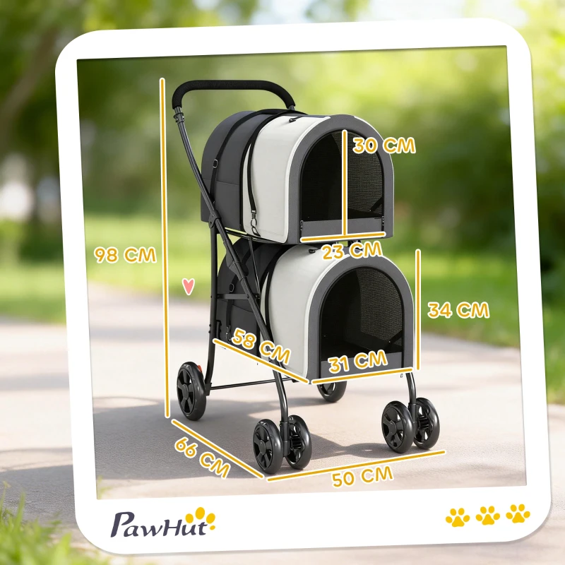 PawHut Passeggino doppio per cani e gatti con trasportini, 66x50x98 cm, Grigio scuro