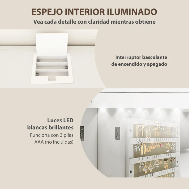 HOMCOM Espejo Joyero con Luz LED Montado en la Pared o en la Puerta con Cerradura Espejo Entero 2 Cajones Blanco