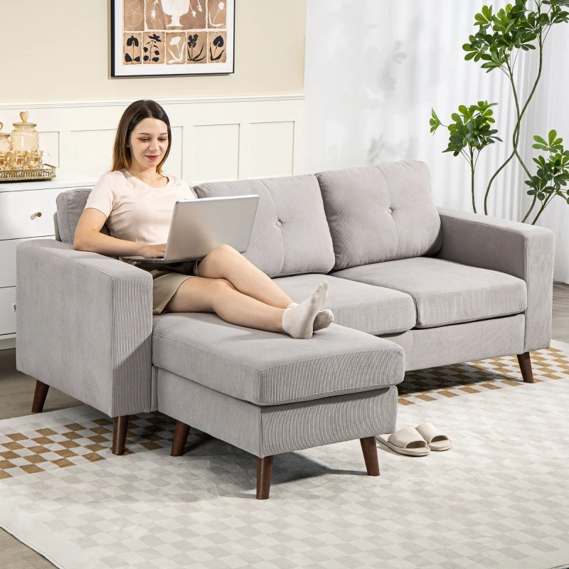 HOMCOM Sofá esquinero reversible de terciopelo acanalado, sofá 3 plazas con chaise longue, estructura de acero, 192x137x84cm, gris claro