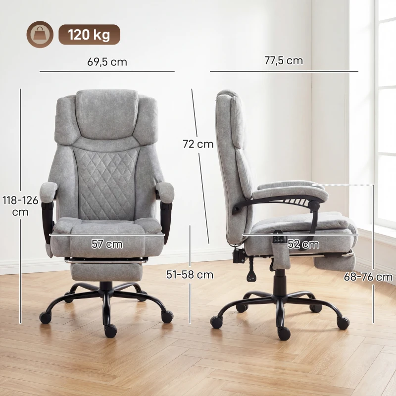 HOMCOM Fauteuil de bureau à dossier haut avec massage par vibration, fonction chauffante, dossier réglable, repose-pieds, télécommande, gris