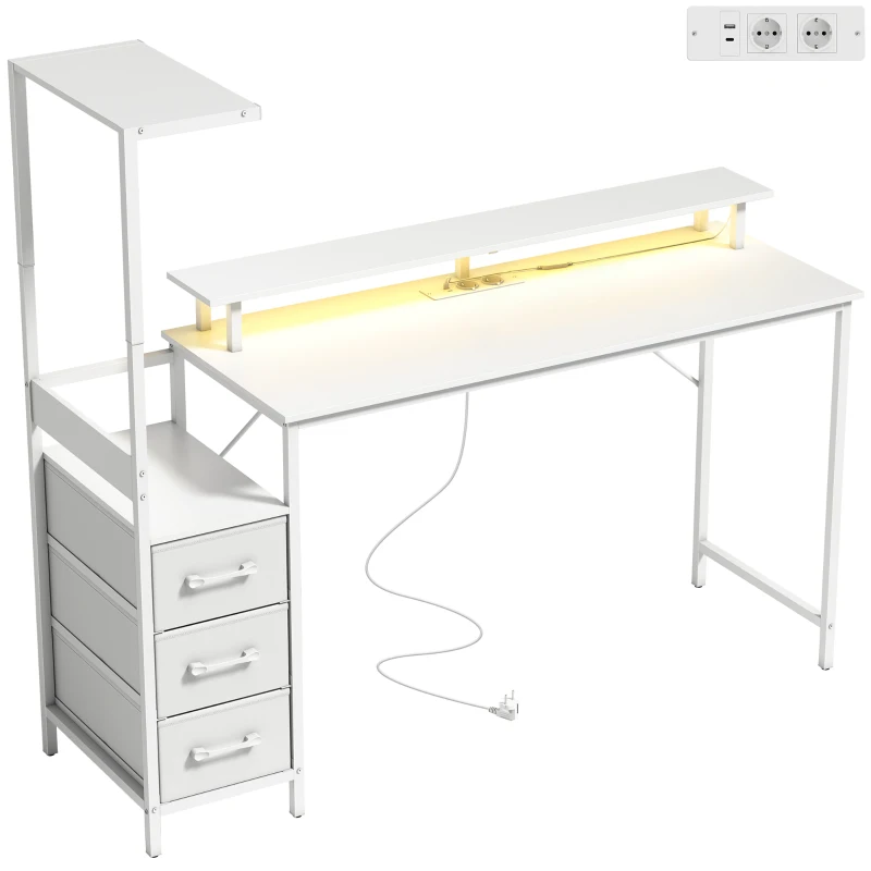 HOMCOM Bureau Gaming 147 cm, Table pour Ordinateur avec Support CPU Réglable et Réversible, Lumières RGB, Prises, Ports USB et USB-C, Support Écran et 3 Tiroirs en Tissu, Bianco