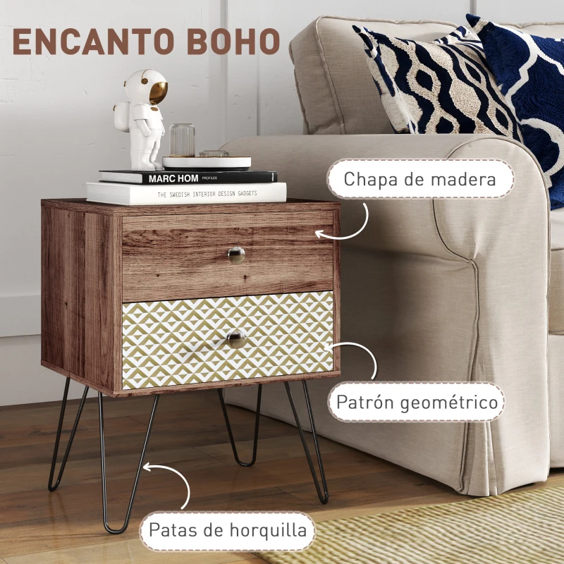 HOMCOM Mesita de Noche con 2 Cajones Patas de Acero Estilo Bohemio para Dormitorio Salón 45x39x55,5 cm Marrón