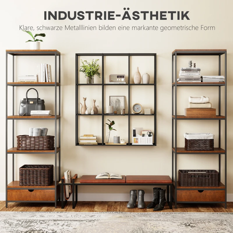 HOMCOM Industrieel wandrek met 9 vakken, metalen rek voor verzamelobjecten, ideaal voor woondecoratie, zwart