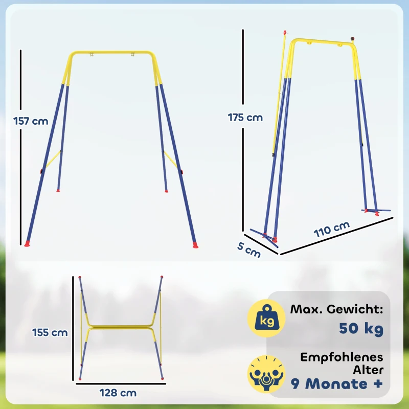 AIYAPLAY Faltbar Schaukelgestell mit A-Rahmen, 2 Haken, 4 Bodenankern, für 9 Monate bis 8 Jahre Kinder 128x155x157 cm Blau