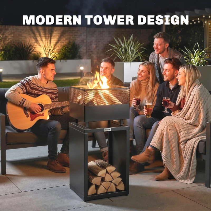 Outsunny Outdoor Fire Pit with Wood Storage Wood Burning Firepit with Mesh Sides 87 cm Black