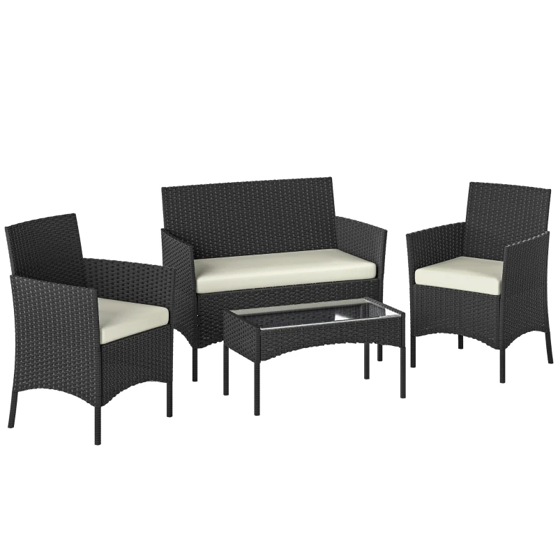 Outsunny Ensemble mobilier de jardin en rotin synthétique avec canapé, fauteuils et table en verre trempé et coussins Noir et Crème
