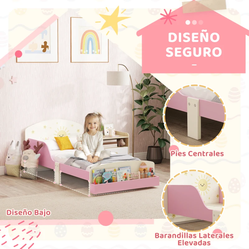 AIYAPLAY Cama infantil para Niños de +3 Años 70x140 cm de Madera con Almacenaje y Dibujos de Estrellas para Dormitorio Rosa