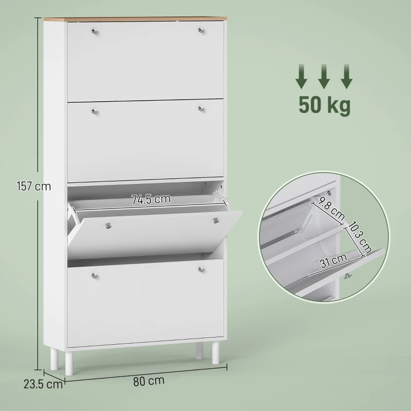HOMCOM Dulap pantofi slim cu 4 sertare rabatabile și rafturi reglabile pentru 24-32 perechi de pantofi, 80x23.5x157 cm, alb