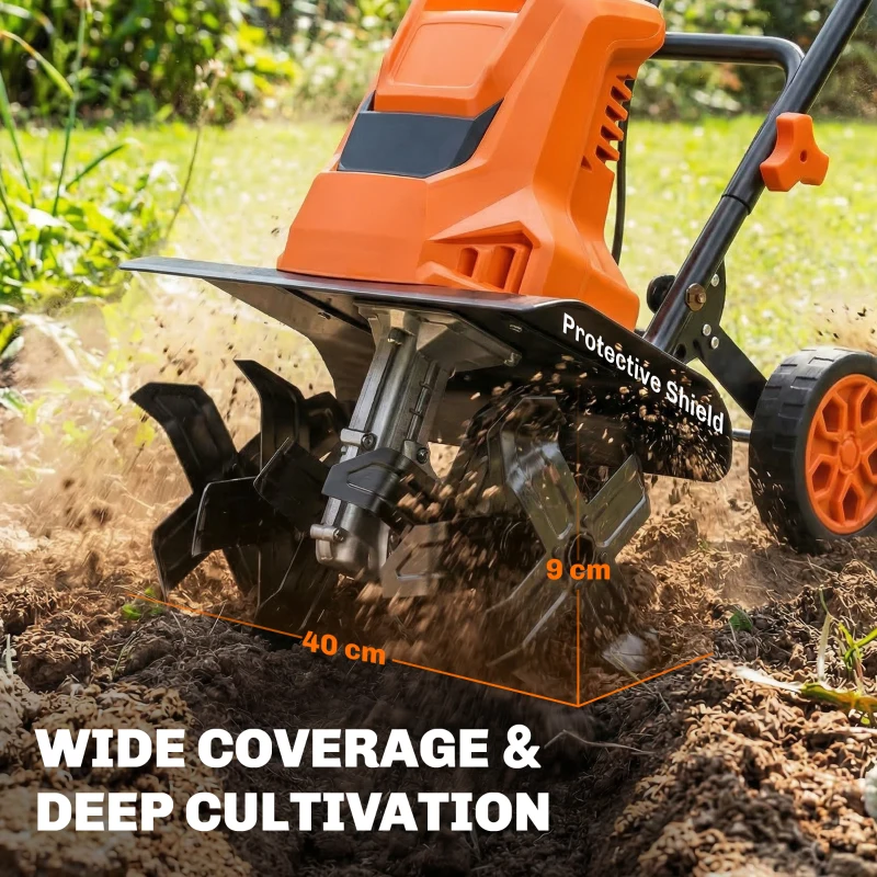 Outsunny 1500W Electric Garden Tiller with Foldable Handle, 40cm Working Width, 9cm Tilling Depth, 6 Blades, 2 Adjustable Wheels