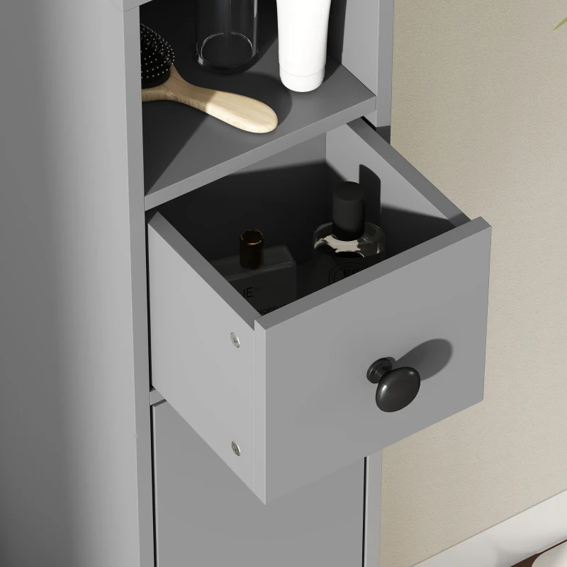 kleankin Armoire de salle de bains, 4 étagères, tiroir, panneau de particules, design élancé, Gris