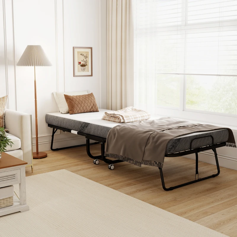 HOMCOM Letto Pieghevole con Materasso, Letto Supplementare Pieghevole e Portatile su Ruote, Telaio in Acciaio, 200x80 cm, Bianco