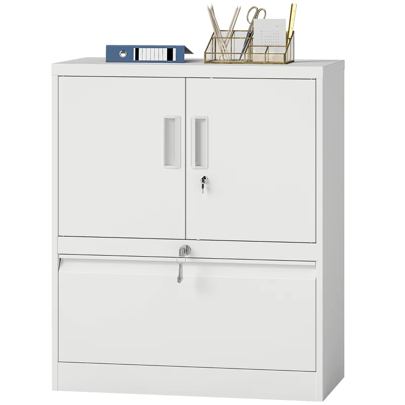 HOMCOM Archivador armario de oficina con cerradura armario multiusos de acero con 2 puertas, estantes ajustables blanco