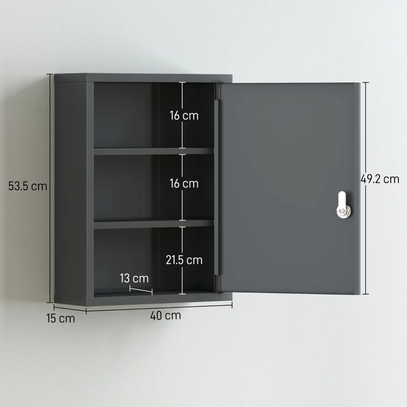 kleankin Dulap medical pentru montare pe perete cu închidere, dulap metalic de perete în 3 trepte, 40 x 15 x 53,5 cm, gri cărbune