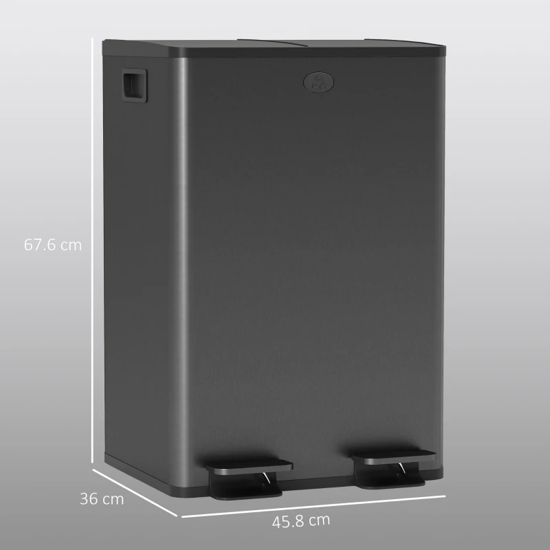 HOMCOM Pattumiera cucina 2 scomparti da 2x28 L in acciaio inox, 45,8x36x67,6 cm, Nero