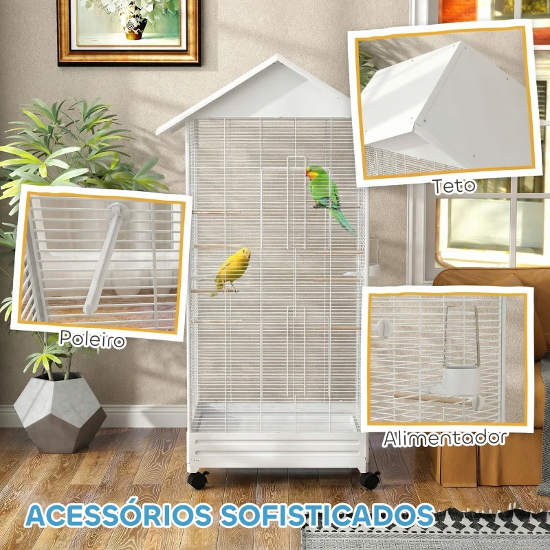 PawHut Gaiola para Pássaros Metálica com com Rodas Bandeja Amovível 4 Portas 2 Comedouros e 8 Poleiros 79x65x155 cm Branco