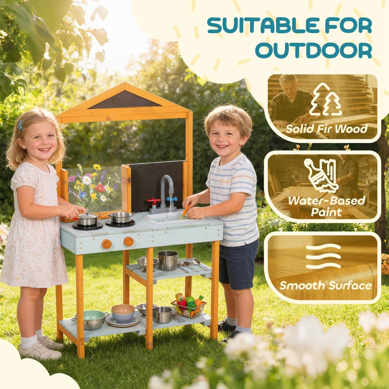 AIYAPLAY Cuisine à boue pour enfants Cuisine de jeu extérieure en bois avec plaques de cuisson Évier amovible Étagères pour enfants de 3-8 ans, Bleu clair