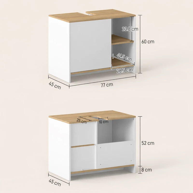 Kleankin Dulap pentru lavoar pentru baie, 77x45x60cm, alb si culoarea lemnului(m-3)
