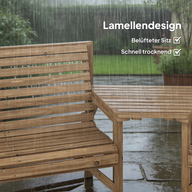 Outsunny Set 3 scaune de grădină, mobilier balcon cu orificiu pentru umbrelă, scaun de grădină, bancă, masă detașabilă 121x65x90 cm Lemn natural