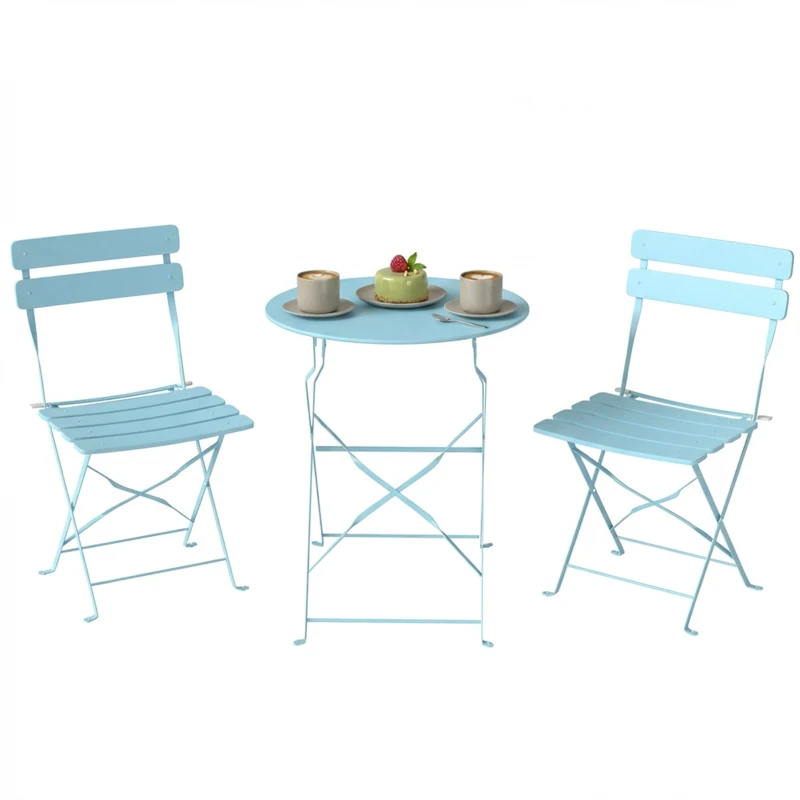 Outsunny 3-Piece Foldable Garden Bistro Set Bistro Table with 2 Chairs Slatted Seats Double X-Legs Light Blue