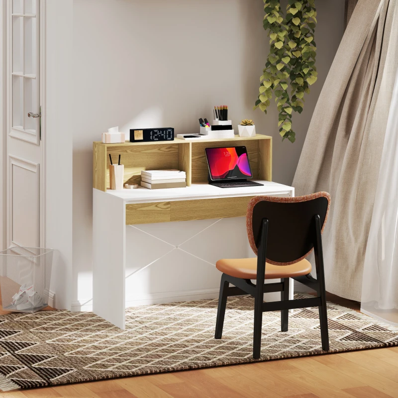HOMCOM Escritorio 110x50x102,6 cm Mesa de Escritorio con 2 Compartimentos Abiertos y Estante Blanco y Madera Natural