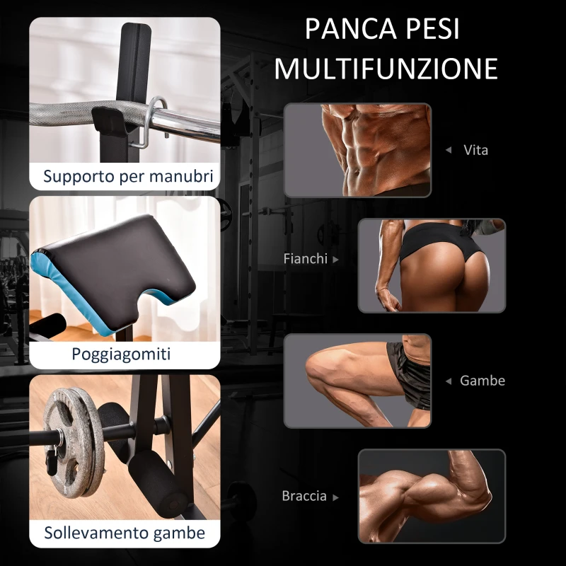 HOMCOM Panca Multifunzione con Supporto Bilanciere e Schienale Regolabile, in Acciaio e PU, 155x56.5x120 cm, Nero e Blu