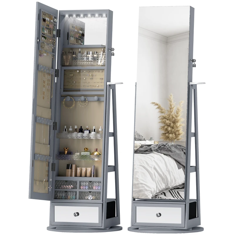 HOMCOM Specchio Portagioie con Luci LED, Armadio Portagioie con Specchio a Figura Intera, Girevole 360° e Cassetto Serratura, Grigio Chiaro