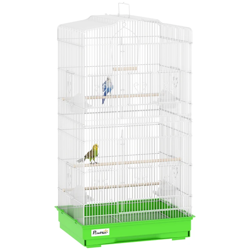 PawHut Gaiola para Pássaros Pajarera de Metal com 4 Comedouros 3 Poleiros Baloiço e Bandeja Removível Alça 46,5x35,5x92 cm Verde