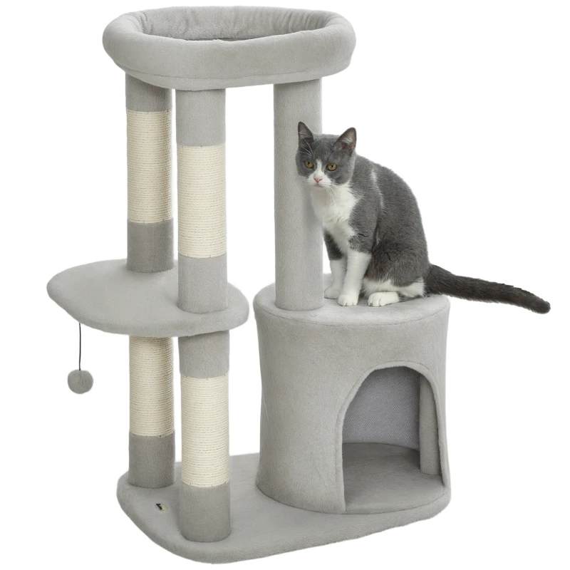 PawHut Árbol rascador torre de juegos para gatos postes rascadores, plataforma, caseta, pelota, tejido de peluche, 60 x 45 x 90 cm, gris claro
