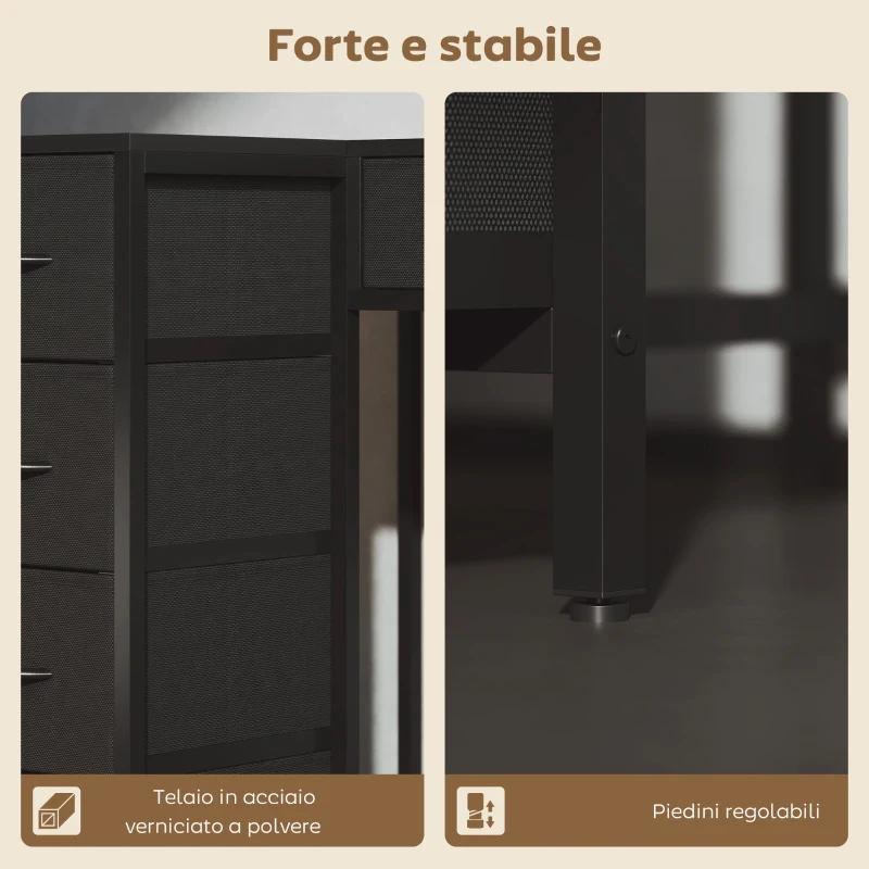 HOMCOM Scrivania Angolare a 6 Cassetti con Gancio Laterale e Prese Integrate, in Legno e Acciaio, 126x48x80 cm, Nero